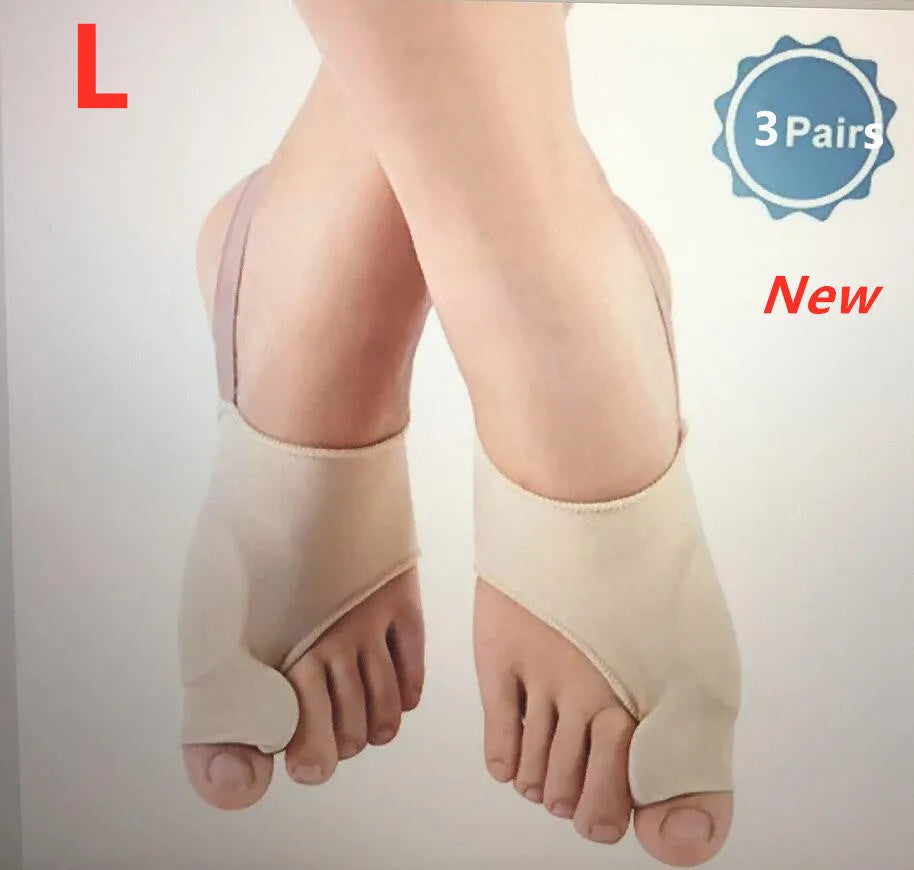 Pair of beige corrective toe socks with a clear silicone gel bunion pad and toe separator.