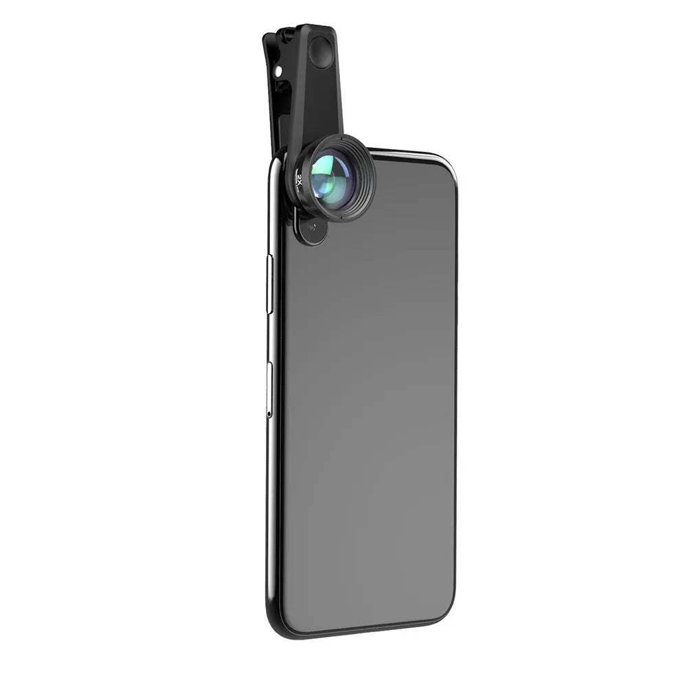 Black 6-in-1 smartphone lens kit with fisheye, wide angle, macro, telephoto, CPL and star filters on universal mounting clip