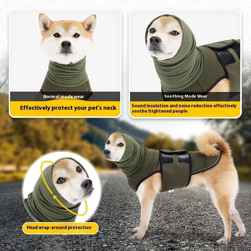 Army green and dark blue polyester dog anxiety jacket in sizes XS to XXXL for stress relief