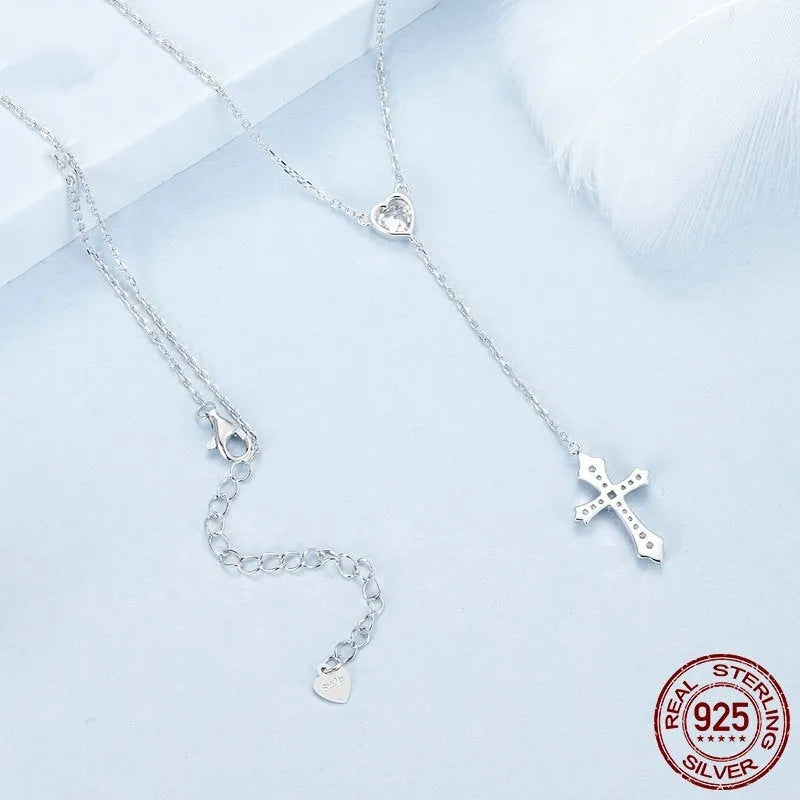 Simple V-neck love cross necklace with 925 silver pendant and O-ring chain in silver colour for women BSN384