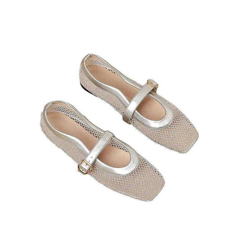 Women's beige mesh flat-heel pumps with square toe and buckle fastener on a white background.