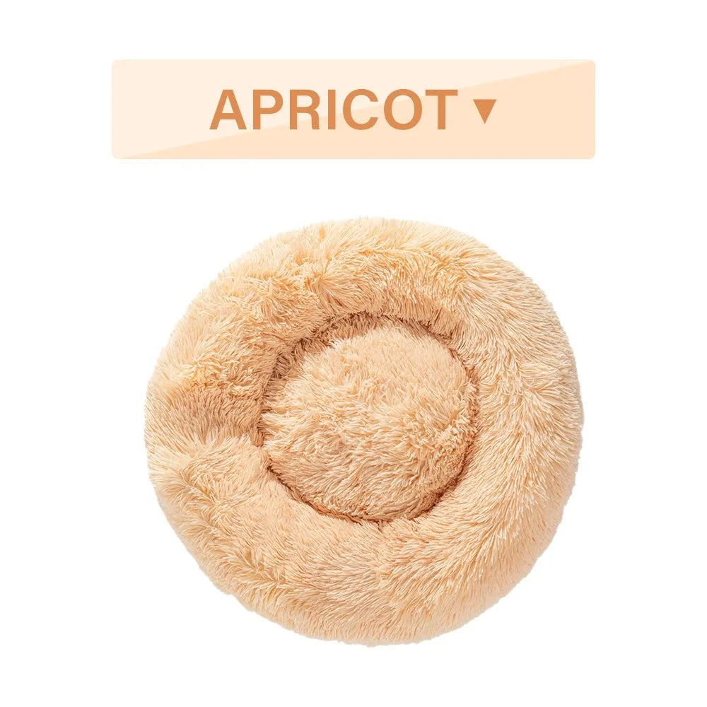 Fluffy grey donut dog bed with raised rim, shown with a small dog sleeping inside.