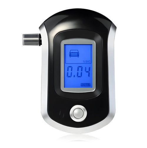 Black portable alcohol breath tester with digital display and mouthpiece attached