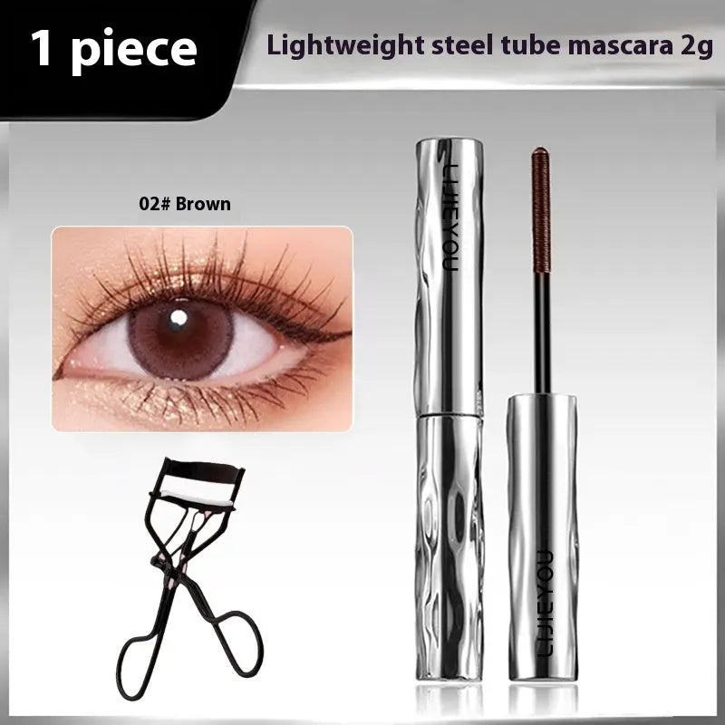 Waterproof steel tube mascara in black and brown shades with optional eyelash curler