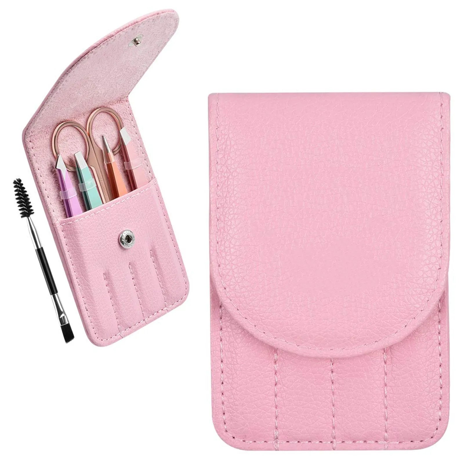 Professional stainless steel eyebrow tweezers set with curved scissors, brush, and leather case.