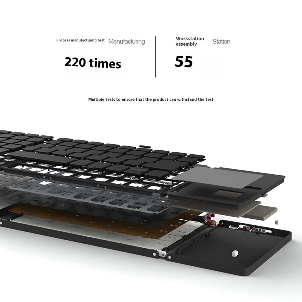 Folded and unfolded views of a black tri-fold portable Bluetooth keyboard on a table.