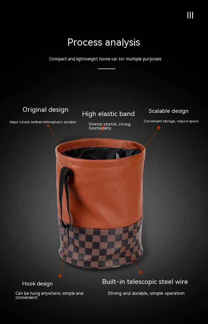 Leather retractable car interior trash can shown in folded and open states with carry handle.