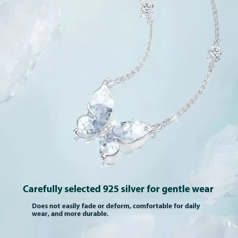 S925 silver necklace with crystalline ice rain butterfly pendant on an adjustable O-ring chain.