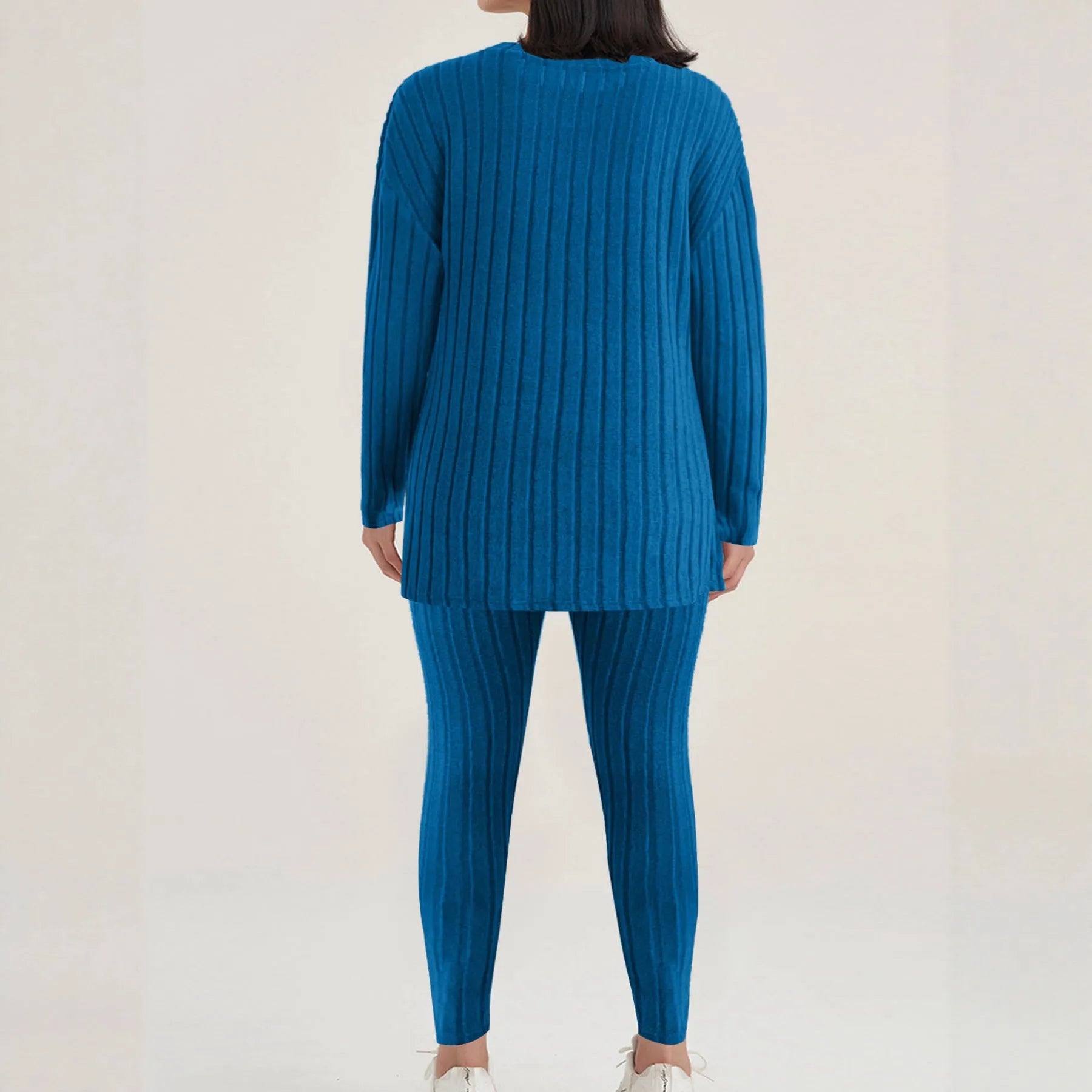 Sunken stripe two-piece homewear set in black or blue with matching pants and top for exercise