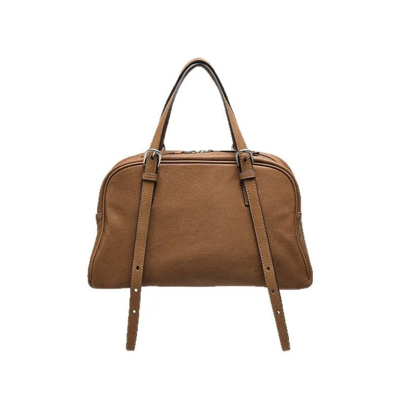 Women's genuine leather retro shoulder bag in horizontal square shape with double straps