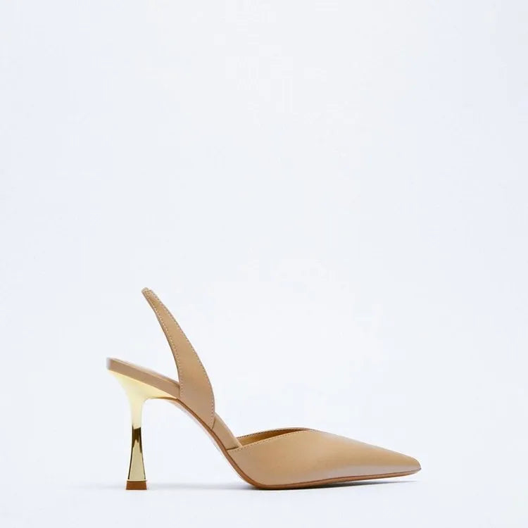Nude patent leather pointed high heels with shallow cut design in apricot colour