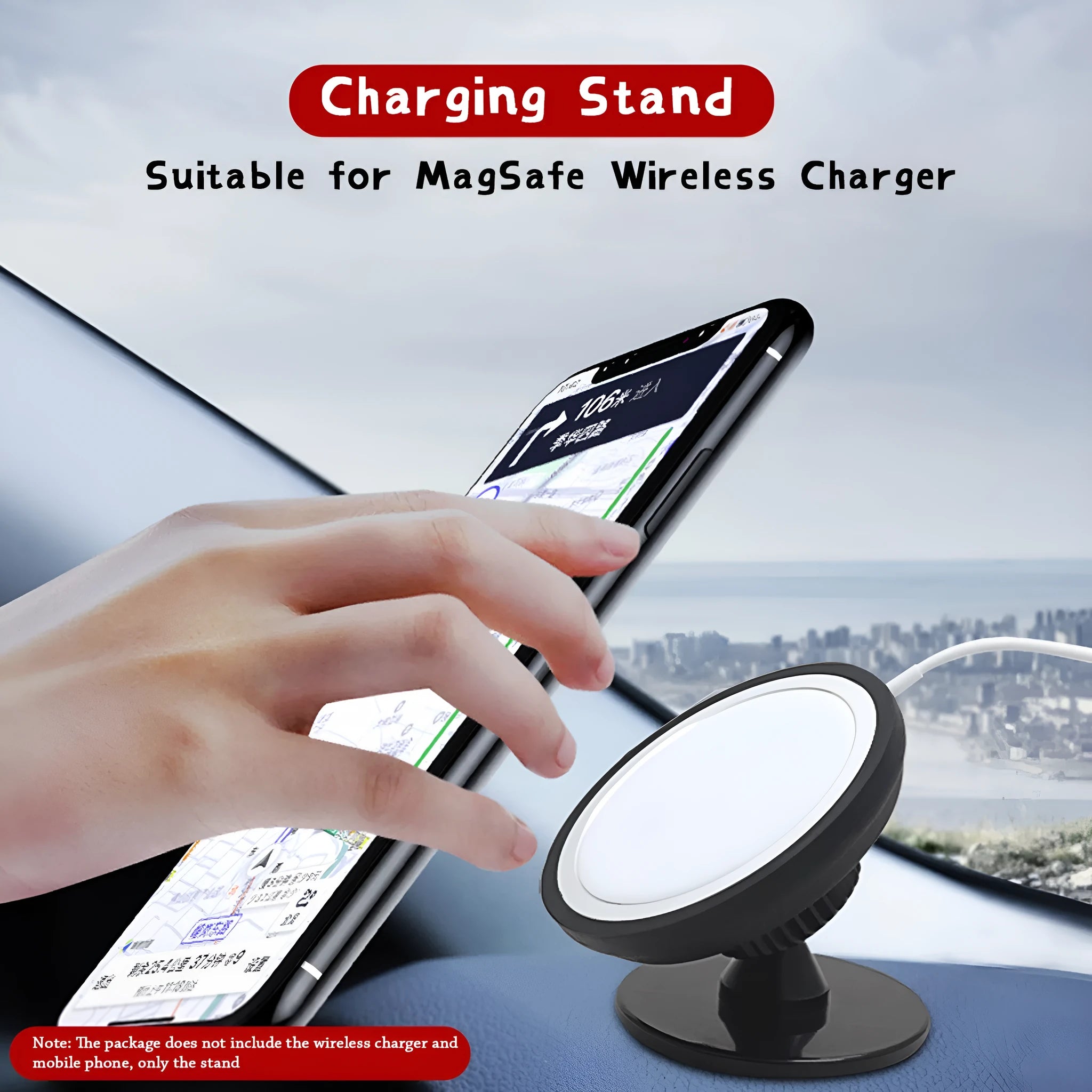 Black car magnetic phone holder mounted on car air vent with phone attached