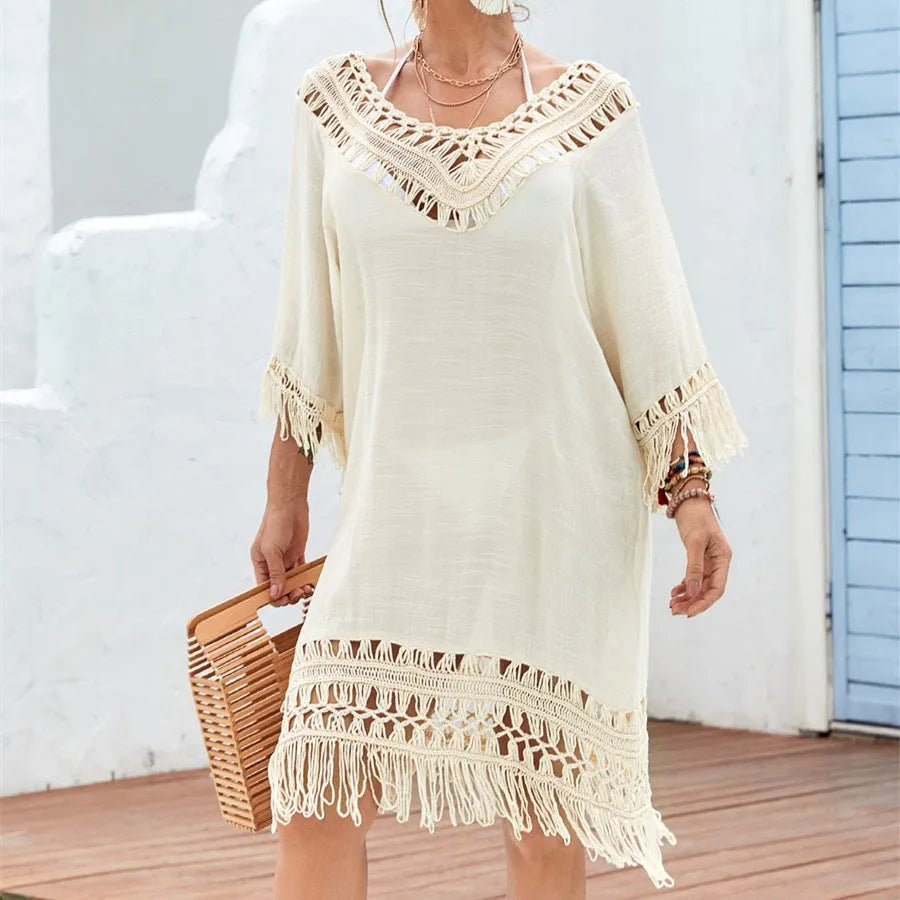 Apricot women's crochet knit patchwork beach dress with mid-length skirt and half sleeves