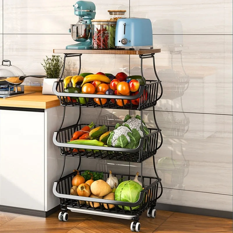 Black six layer kitchen storage trolley with foldable carbon steel frame and modern design