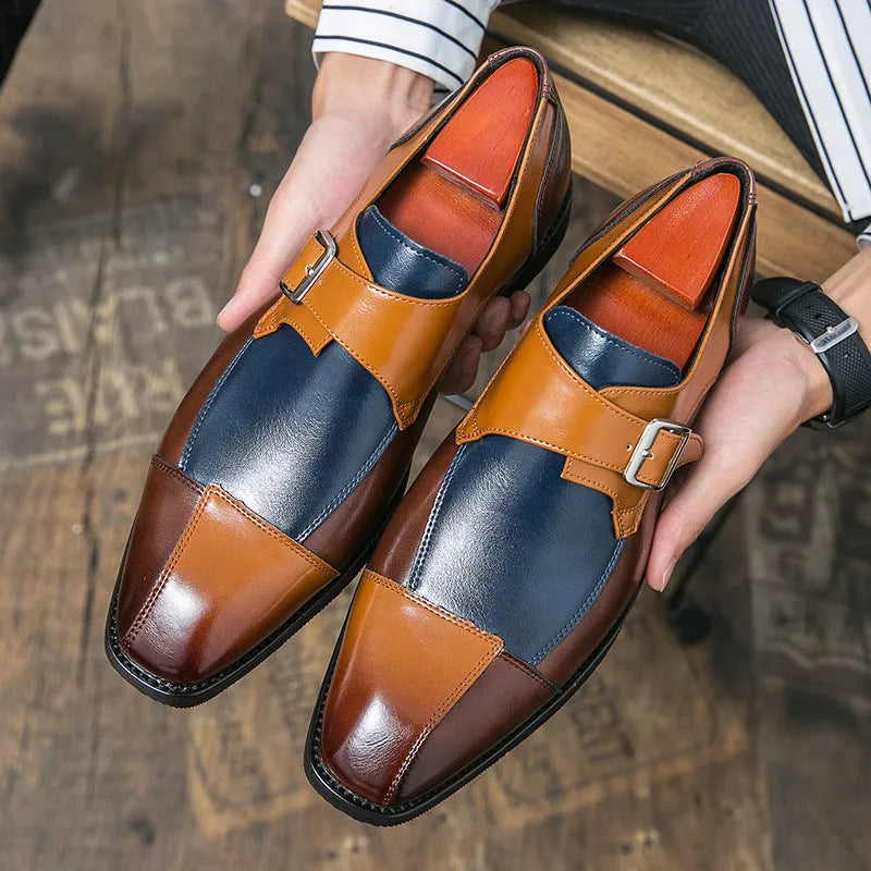 Men's brown blue retro buckle casual leather shoes with tall crown height.