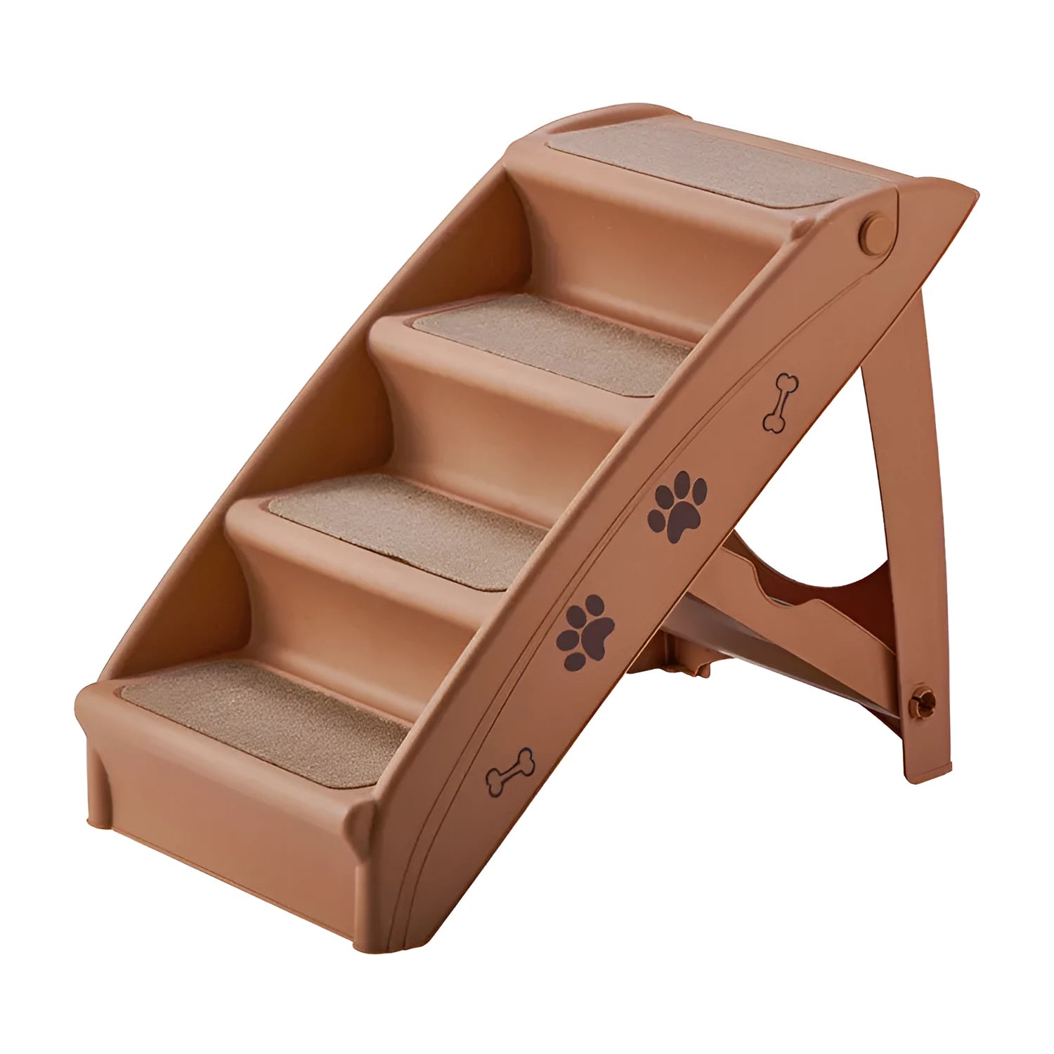 Foldable plastic pet stairs in beige colour with non-slip mats on each step