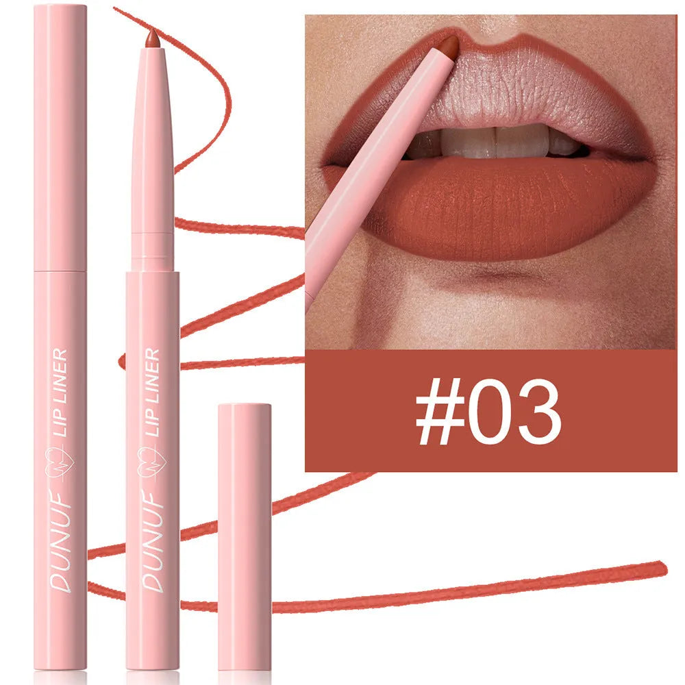 A Velvet Matte Lip Liner pencil shown alongside swatches of its twelve available colour shades.