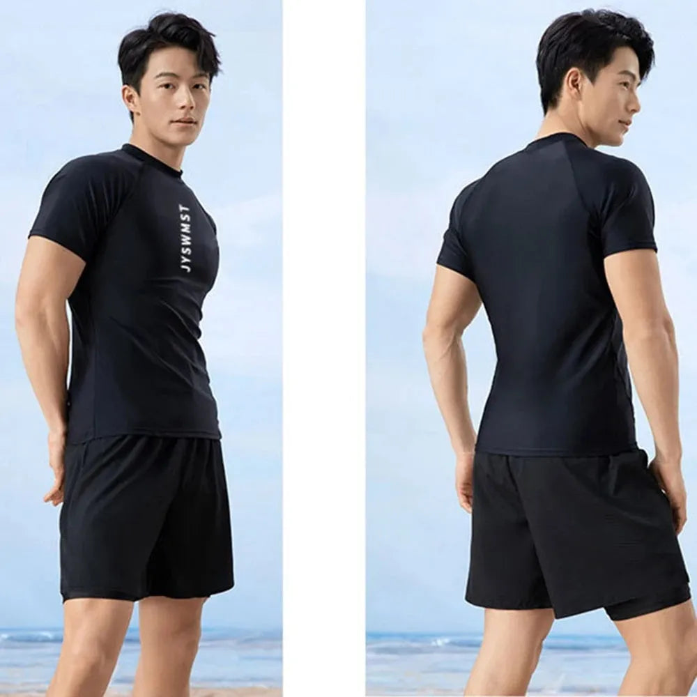 Men's patterned polyester swimsuit set showing top and swimming trunks, available in plus sizes.