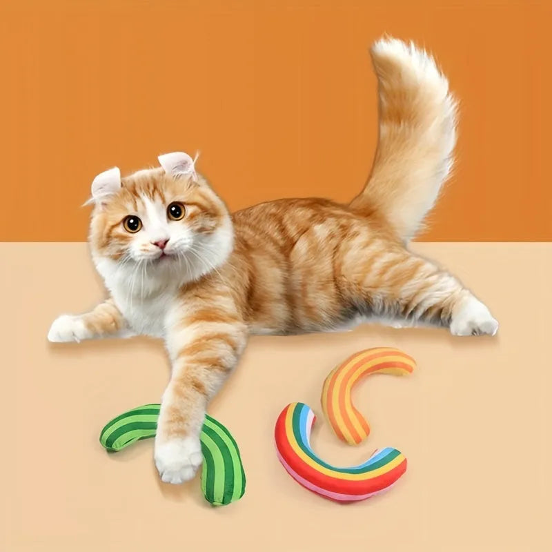 Striped pattern cat pillow toy with noise maker and catnip strip, shown in green colour.