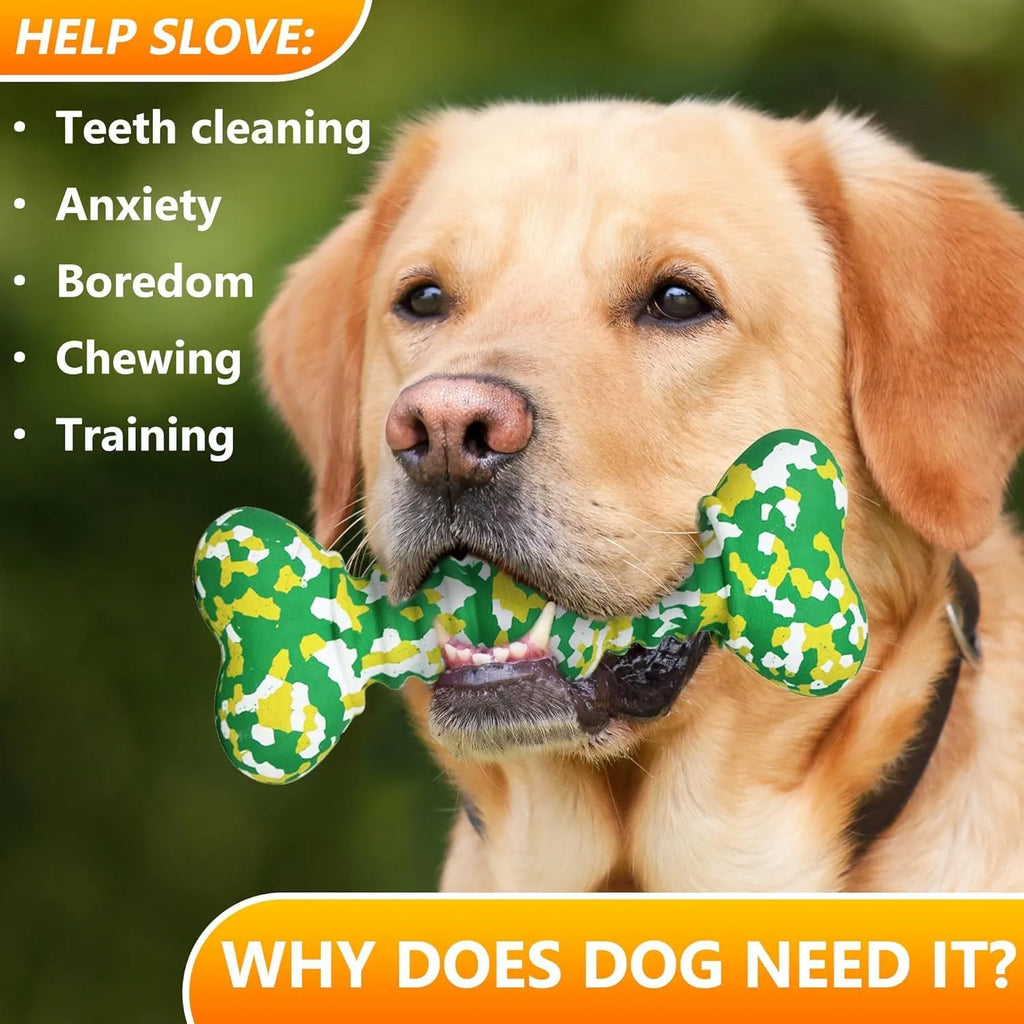 Green, white, and yellow camouflage pattern natural rubber bone-shaped dog chew toy
