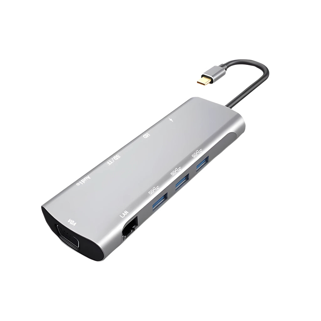 Grey aluminium alloy USBC docking station with HDMI, VGA, and USB ports