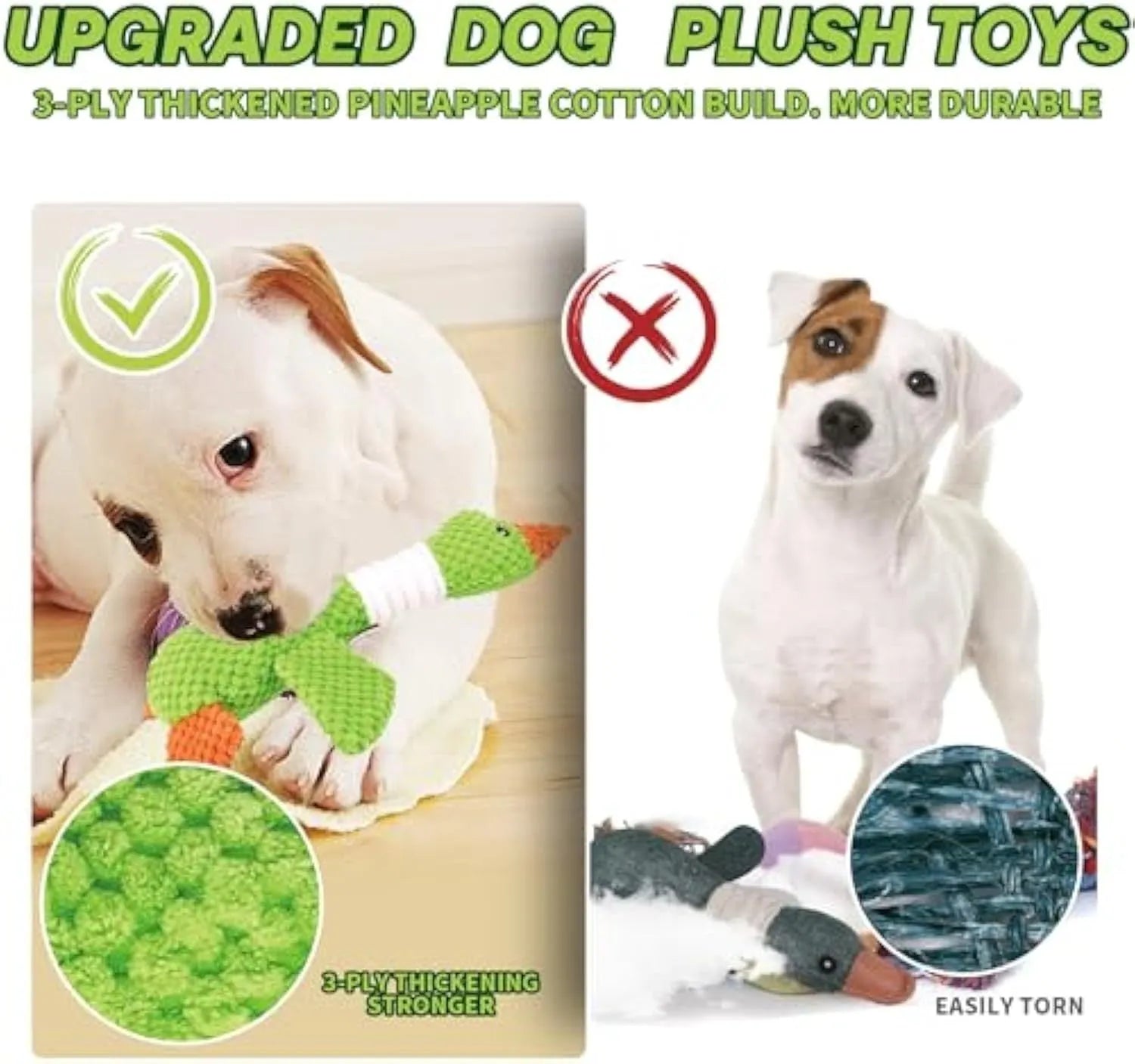 Blue duck-shaped plush dog toy with dual squeakers measuring 33cm long