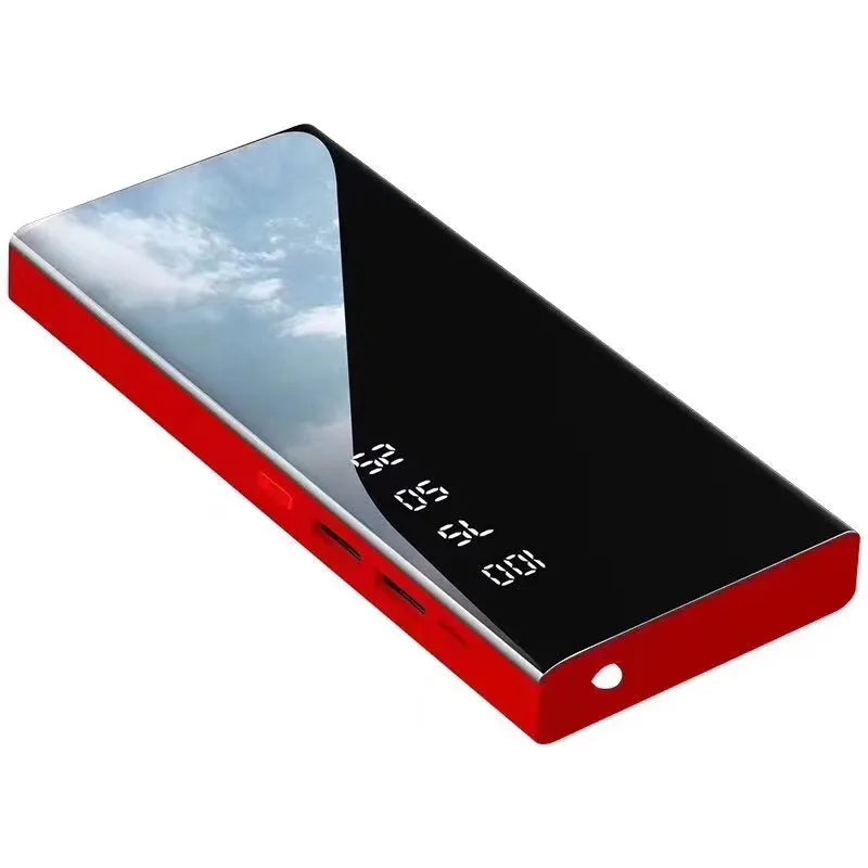 20000mAh power bank with LCD display and dual USB ports in black, red, or white