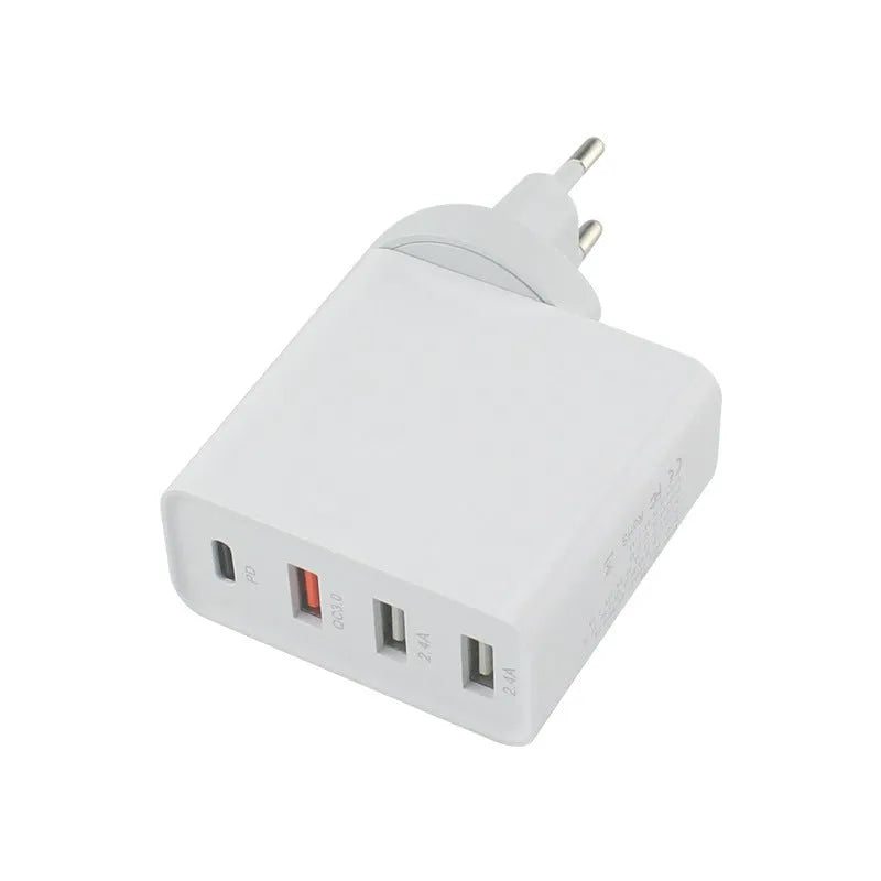 Black and white 48W USB-C PD charger with four ports and AU, EU, UK, US plug adapters