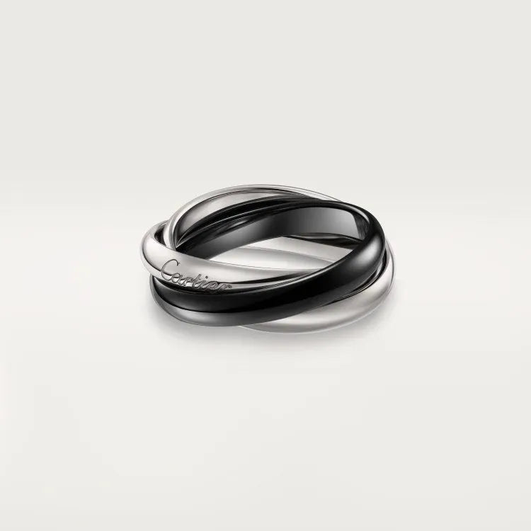 Set of three geometric silver men's rings with full diamond detailing on a U-shaped band.