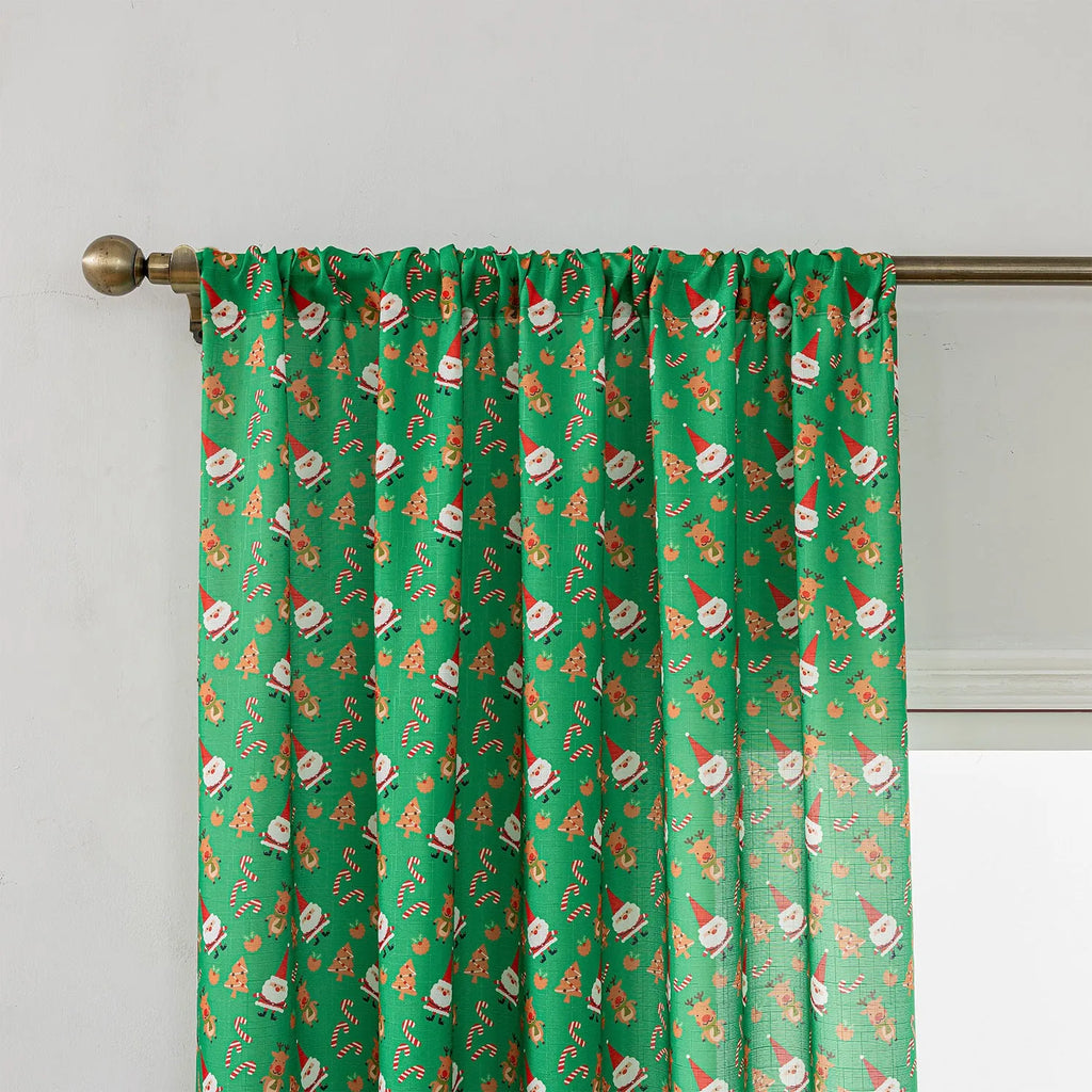 Green Christmas curtain with snowman and angel cartoon print, 1 metre wide