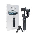 Black three-axis handheld gimbal stabilizer for mobile phones showing PTZ mechanism and handle