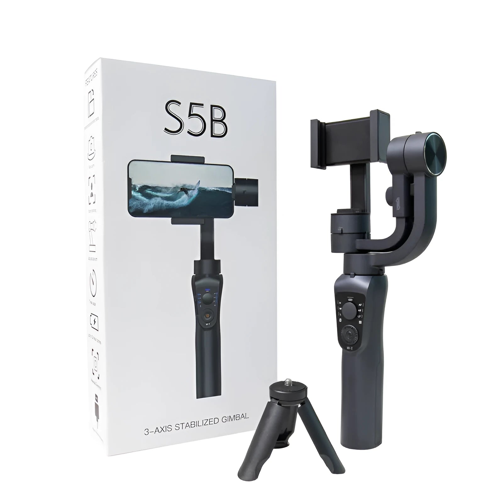 Black three-axis handheld gimbal stabilizer for mobile phones showing PTZ mechanism and handle