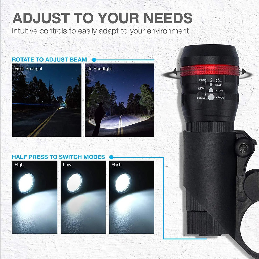 Bicycle headlight and taillight set showing front flashlight, mounting bracket, and separate rear light unit.