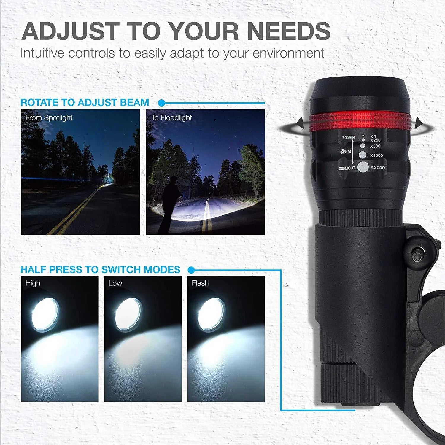 Bicycle headlight and taillight set showing front flashlight, mounting bracket, and separate rear light unit.