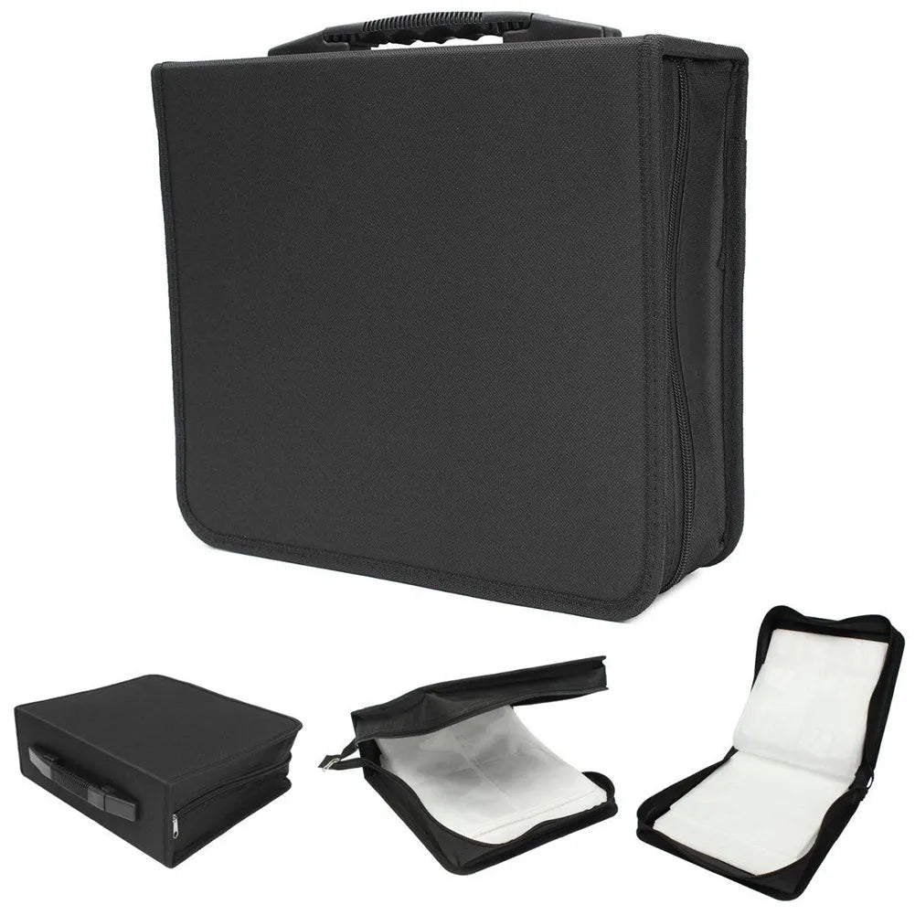 Black Oxford cloth CD DVD storage organiser case with zipper and top hand strap