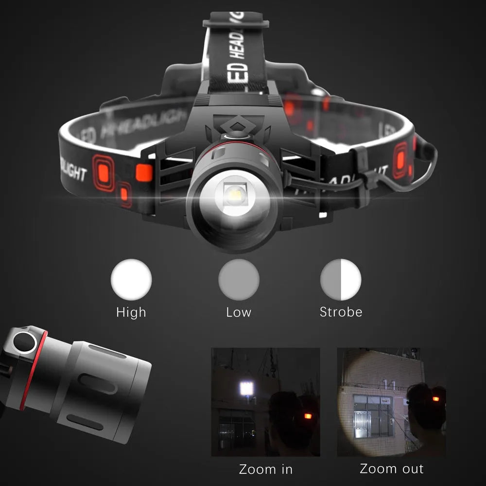 T6 LED headlamp showing white red green light modes with zoomable lens and USB charger