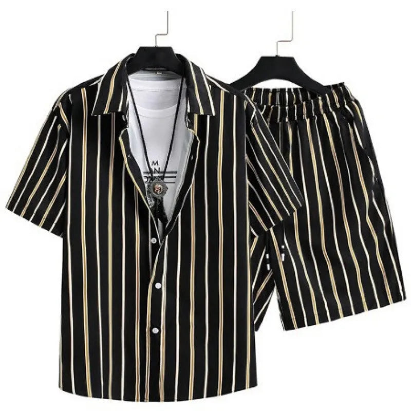 Man wearing a digital print short sleeve cardigan and matching shorts from the casual suit set.