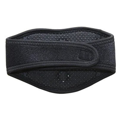 Black self-heating magnetic therapy neck guard with adjustable shoulder strap laid flat