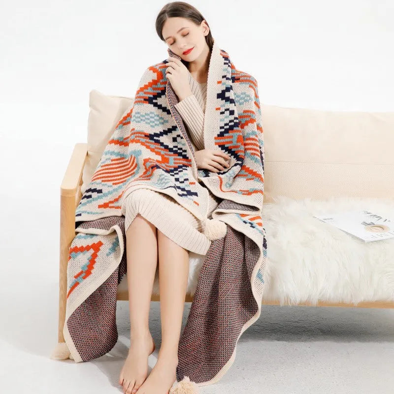 Bohemian-style acrylic sofa cover blanket with tassel fringe in geometric pattern
