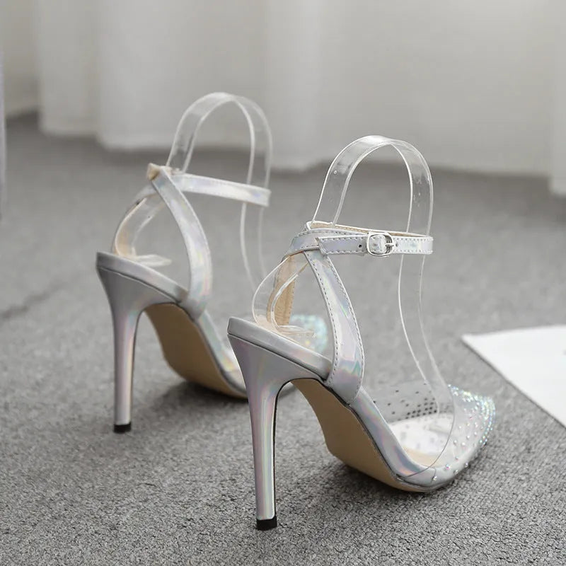 Women's pointed toe stiletto sandals with diamond decoration on PVC upper in Asian sizes 35-42