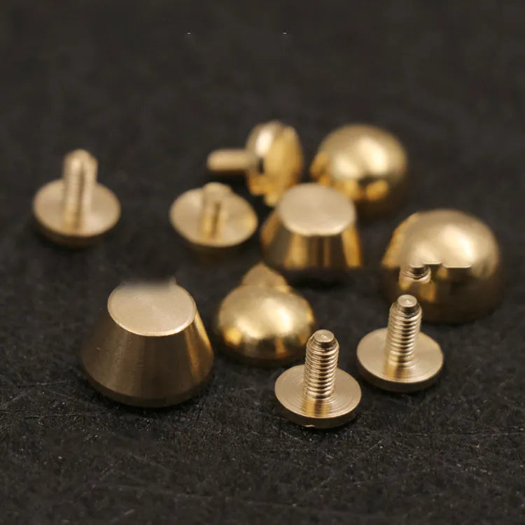 Brass decorative buckle foot nails in round and bucket styles measuring 10mm and 12mm