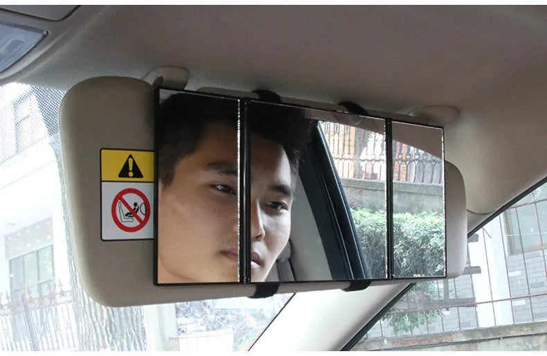 Silver car folding makeup mirror shown both closed and opened, with ABS plastic frame and glass mirror.