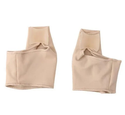 Pair of beige corrective toe socks with a clear silicone gel bunion pad and toe separator.