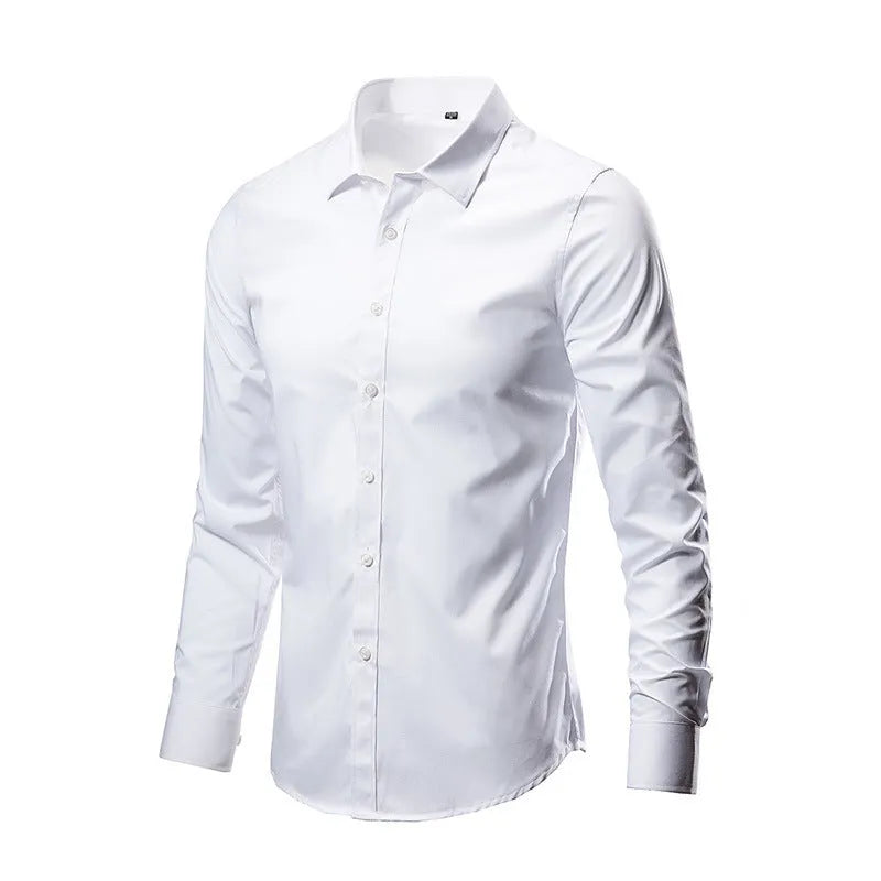 Man wearing a long-sleeve linen shirt in a slim loose fit, available in multiple colours.