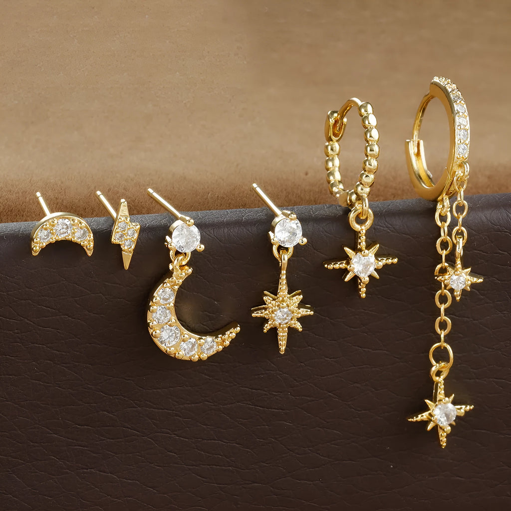 Gold chain tassel earrings with zircon stud details - six-piece set for women