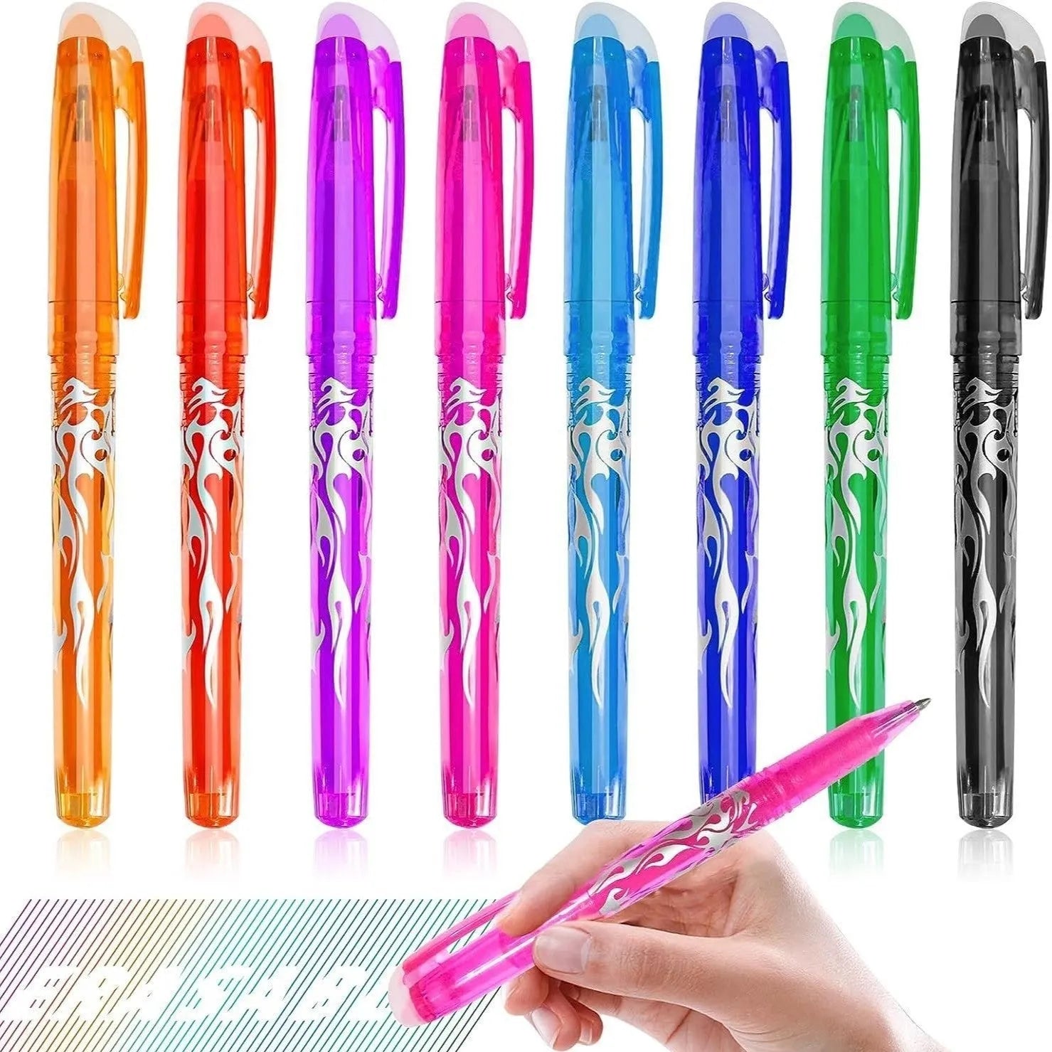 Set of heat-erasable gel pens in multiple colours with choice of 0.5mm or 0.7mm stainless steel nib tips.