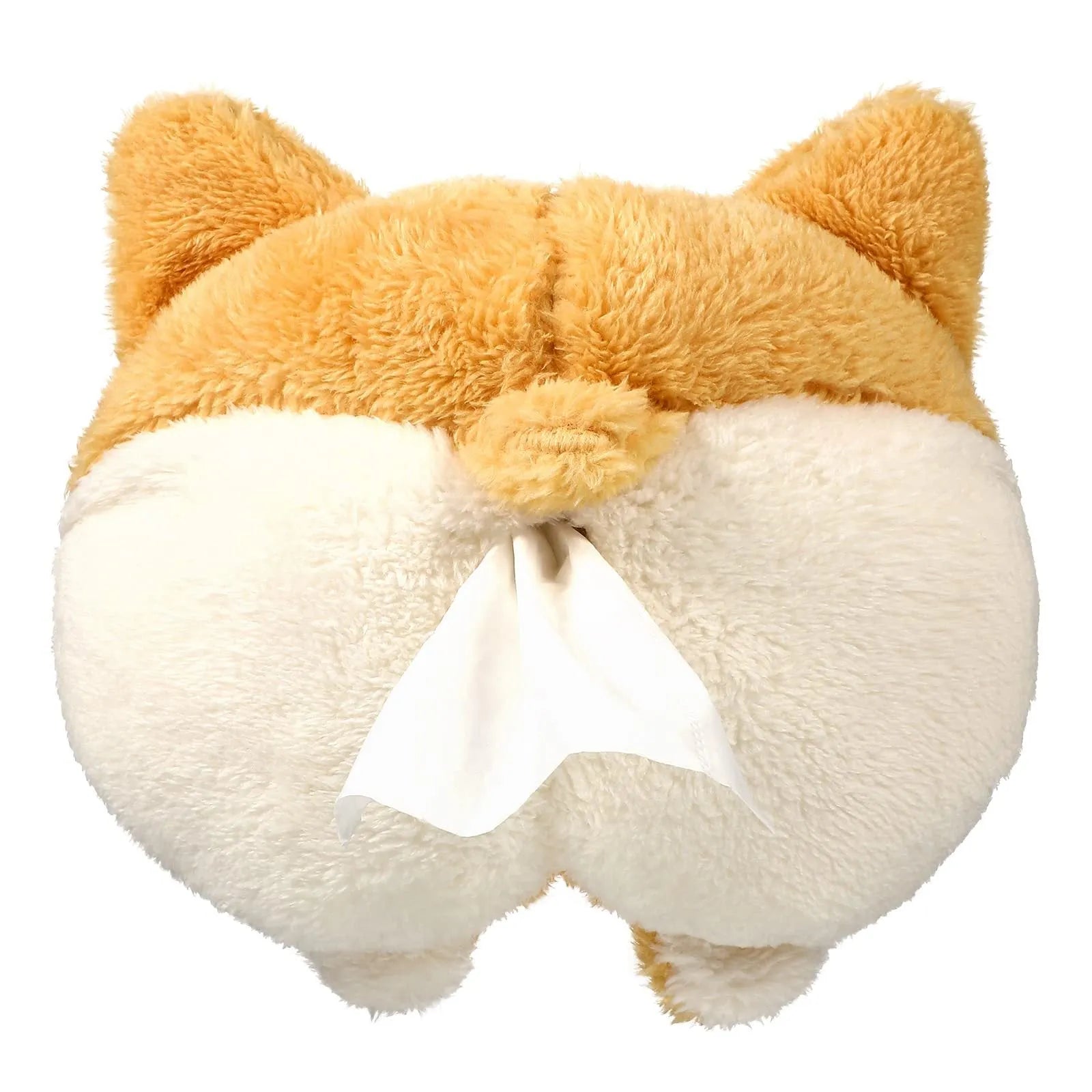 Yellow soft plush Corgi butt shaped tissue box cover with elastic strap for car visor.