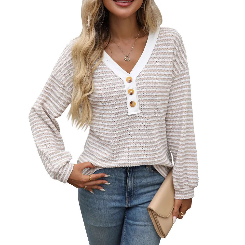 Women's V-neck patchwork casual top in loose fit with long sleeves