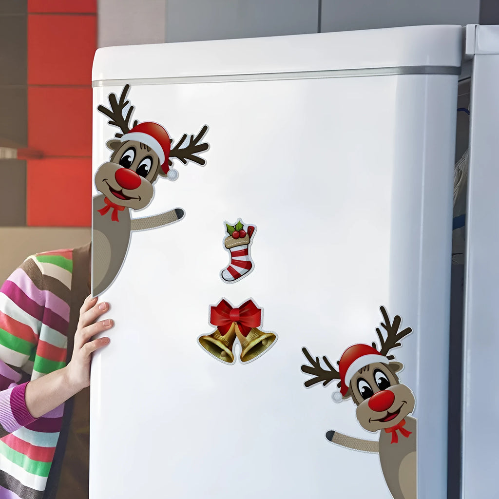 Cartoon Christmas elk bell design magnetic bumper stickers with reflective and luminous features on a vehicle.