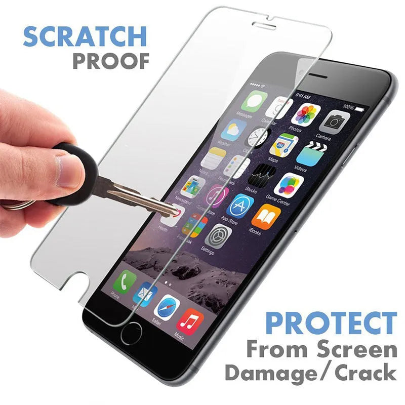 Transparent tempered glass screen protector for Apple iPhone on a white background.